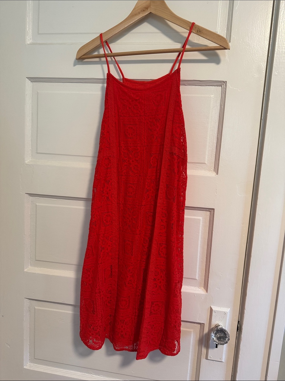 Red Lace Midi Slip Dress with Spaghetti Straps